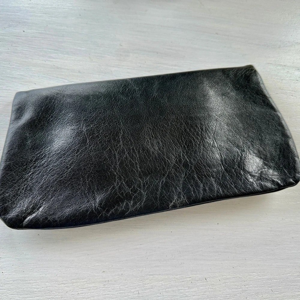 NO BRAND, WOMENS, GENUINE BLACK LEATHER, FOLDOVER CLUTCH BAG.
